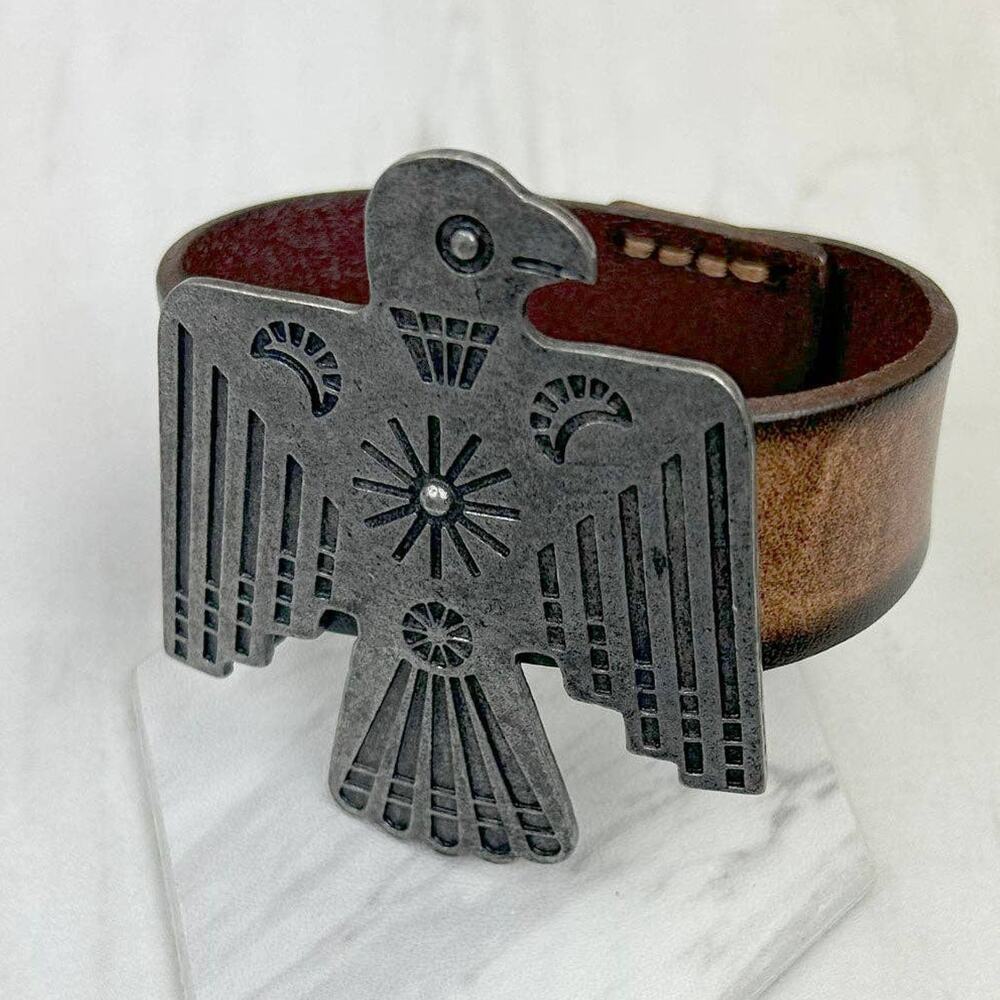 Leather Brown & Silver Eagle Cuff Bracelet